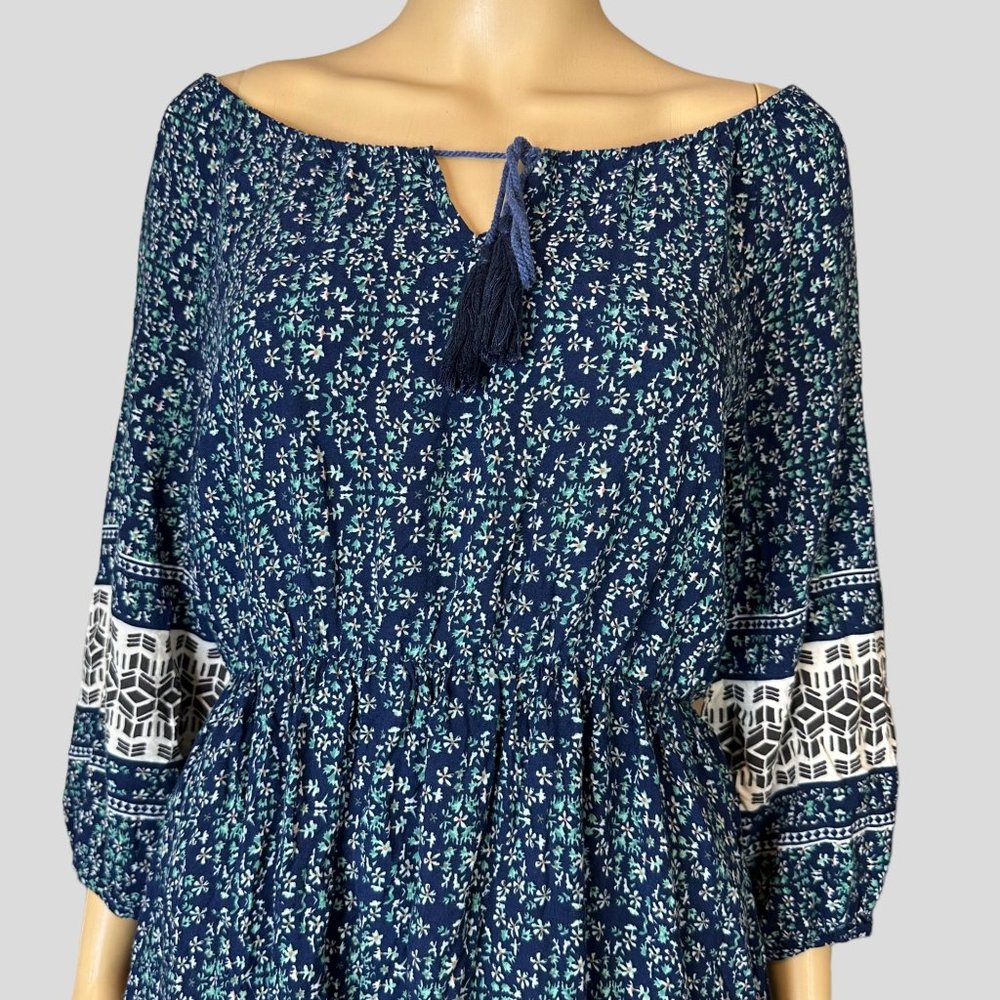 Addie Bohemian Mini Dress Medium Blue Green Floral 3/4 Sleeves Elastic Waist - Picture 4 of 13